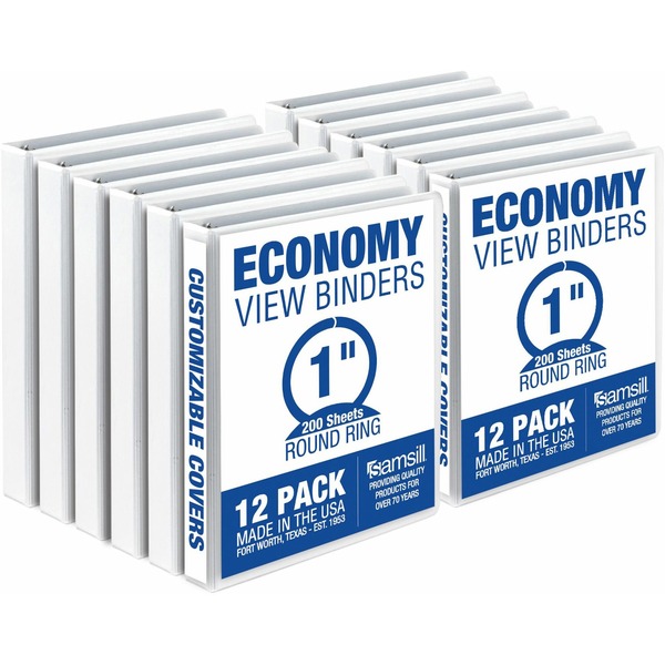 Samsill Economy 1 Inch 3 Ring Binder, Made in the USA, Round Ring Binder, Non-Stick Customizable Cover, White, 12 Pack (I008537C) - 1" Binder Capacity - Letter - 8 1/2" x 11" Sheet Size - 100 Sheet Capacity - 3 x Round Ring Fastener(s) - 2 Internal Pocket(s) - Polypropylene, Chipboard, Plastic - White - 8.80 lb - Recycled - Clear Overlay, Customizable Spine/Cover - 12 / Carton