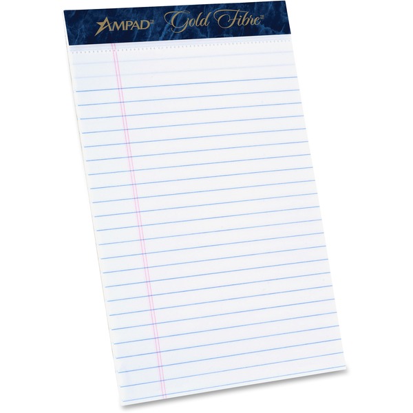 TOPS Ampad Gold Fibre Medium Rule Premium Junior Size Writing Pads - 50 Sheets - Watermark - Stapled/Glued - 16 lb Basis Weight - 5" x 8" - White Paper - Dark Blue Binding - Micro Perforated, Bleed-free, Chipboard Backing - 1 Dozen