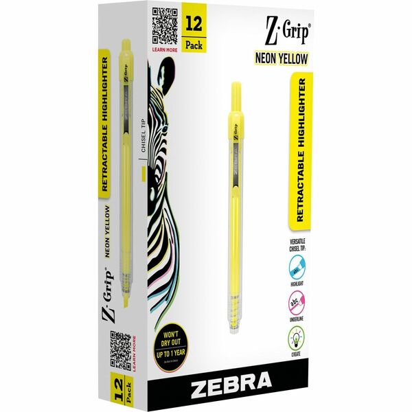 Zebra Pen Z-Grip Retractable Highlighter - Chisel Marker Point Style - Retractable - Neon Yellow - 12 / Pack