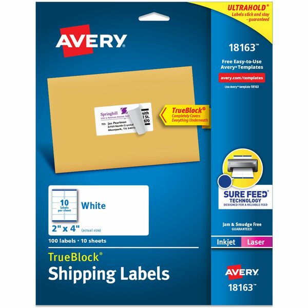 Avery® Shipping Labels, Sure Feed®, 2" x 4" , 100 Labels (18163) - 2" Width x 4" Length - Permanent Adhesive - Rectangle - Laser, Inkjet - White - Paper - 10 / Sheet - 10 Total Sheets - 100 Total Label(s) - 5 - Permanent Adhesive, Jam Resistant, Customizable