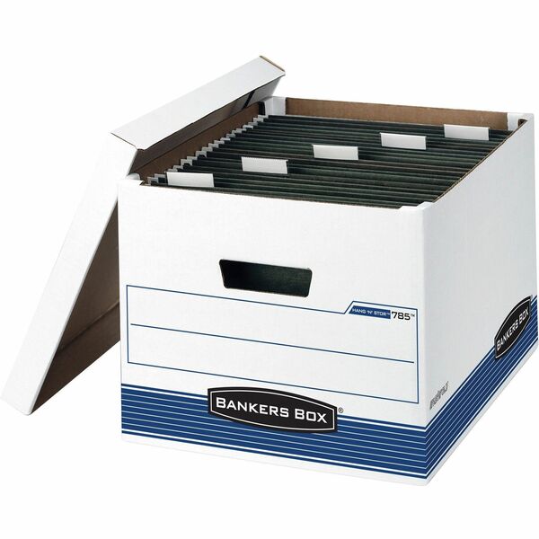 Bankers Box Hang'N'Stor File Storage Box - Internal Dimensions: 12.38" Width x 15.19" Depth x 10" Height - External Dimensions: 13" Width x 16" Depth x 10.5" Height - Media Size Supported: Letter, Legal - Lift-off Closure - Medium Duty - Stackable - White, Blue - For File - Recycled - 4 / Carton