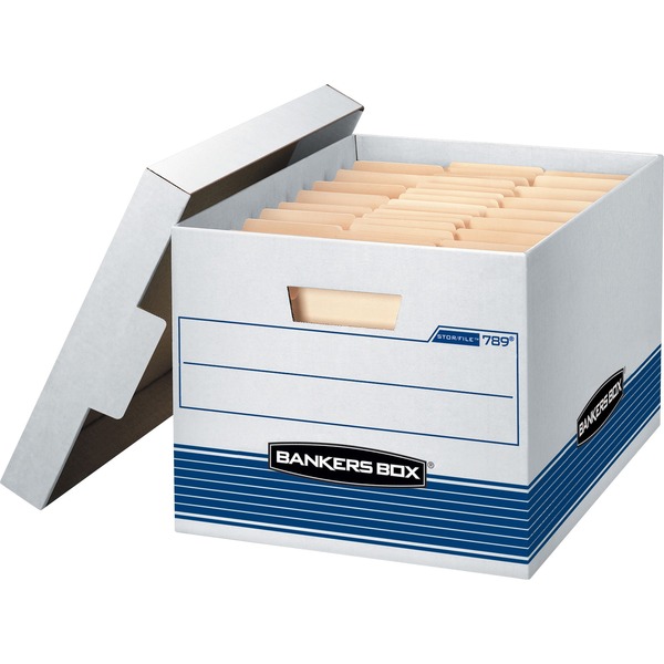 Bankers Box STOR/FILE File Storage Box - Internal Dimensions: 12" Width x 15" Depth x 10" Height - External Dimensions: 12.8" Width x 16.5" Depth x 10.4" Height - Media Size Supported: Letter, Legal - Lift-off Closure - Medium Duty - Stackable - White, Blue - For File - Recycled - 12 / Carton