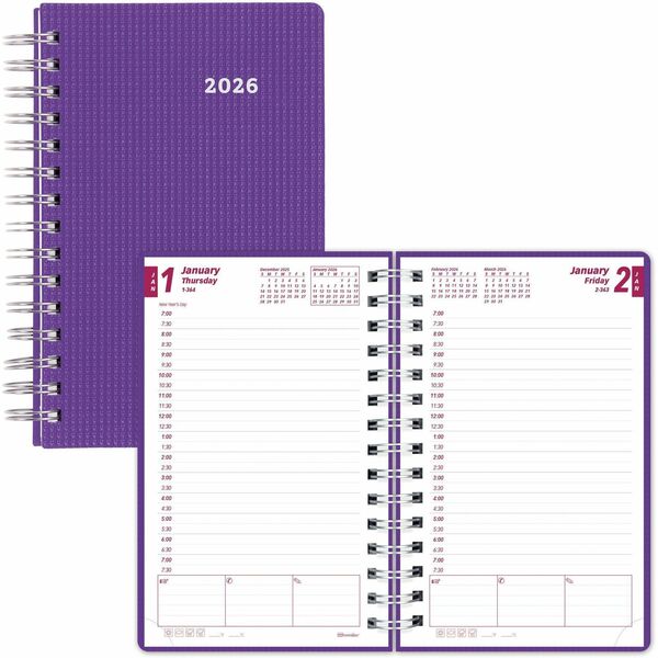Brownline DuraFlex Daily Appointment Planner - Daily, Monthly - 12 Month - January 2025 - December 2025 - 7:00 AM to 7:30 PM - Half-hourly - 1 Day Single Page Layout 2 Month Double Page Layout - 5" x 8" Sheet Size - Twin Wire - Purple - Poly - Durable, Appointment Schedule, Textured Cover, Printed, Tear-off, Planning Sheet, Reference Month, Daily Block, Moon Phases, Notes Section, Cash Record Section, ... - 1 Each