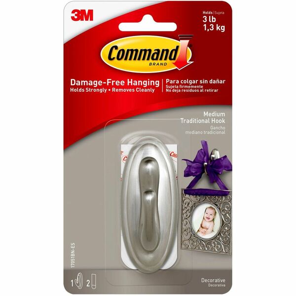 Command Medium Traditional Hook, Brushed Nickel - 3 lb (1.36 kg) Capacity - 1.3" Width - 3.1" Length - for Decoration - Plastic - Metallic Silver - Brushed Nickel - 1 / Pack