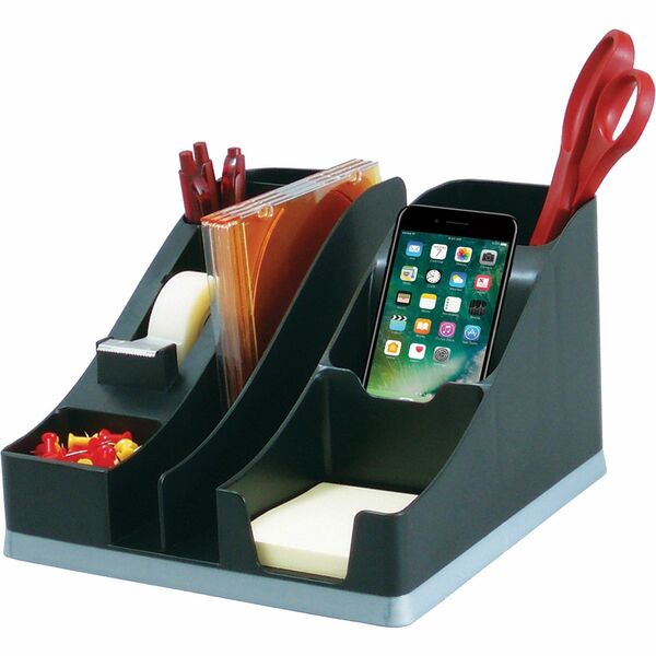 Deflecto Silouettes All-in-One Caddy - 6 Compartment(s) - 5.2" Height x 8.1" Width x 9.1" DepthDesktop - Cable Management, Removable Divider - Silver - 1 Each
