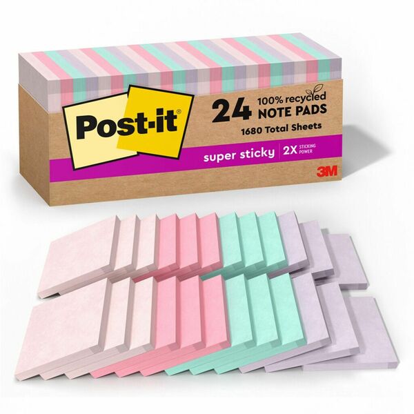 Post-it® Recycled Super Sticky Notes - 70 - 3" x 3" - Square - 70 Sheets per Pad - Wanderlust Pastels - Adhesive - 24 / Pack - Recycled