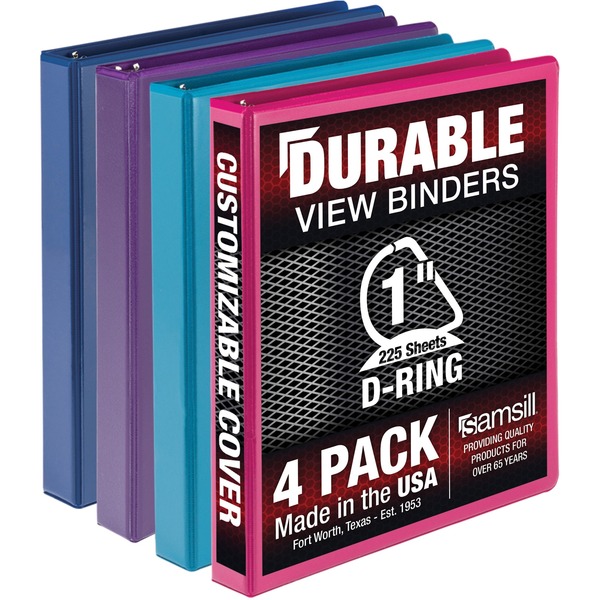 Samsill Durable 1 Inch Binder, Made in the USA, D Ring Customizable Clear View Cover, Fashion Assortment, 4 Pack, Each holds 225 Pages (MP46439) - 1" Binder Capacity - Letter - 8 1/2" x 11" Sheet Size - 225 Sheet Capacity - 1" Ring - 3 x D-Ring Fastener(s) - 2 Internal Pocket(s) - Polypropylene, Chipboard - Assorted - Durable, Clear Overlay, Ink-transfer Resistant, Wear Resistant, Tear Resistant - 4 / Pack