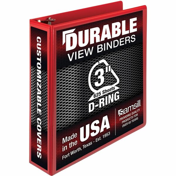 Samsill Durable Three-Ring View Binder - 3" Binder Capacity - 625 Sheet Capacity - 3 x D-Ring Fastener(s) - 2 Internal Pocket(s) - Polypropylene, Chipboard - Red - Yes - Durable, PVC-free, Ink-transfer Resistant, Clear Overlay, Sturdy - 1 Each