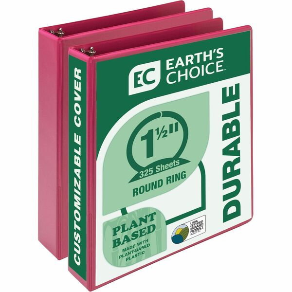 Samsill Earth's Choice Plant-based View Binders - 1 1/2" Binder Capacity - Letter - 8 1/2" x 11" Sheet Size - 3 x Round Ring Fastener(s) - Chipboard, Polypropylene, Plastic - Berry - Recycled - Bio-based, Durable, Recyclable, Punched, Clear Overlay, Non-glare, PVC-free, Non-stick, Ink-transfer Resistant - 2 / Pack
