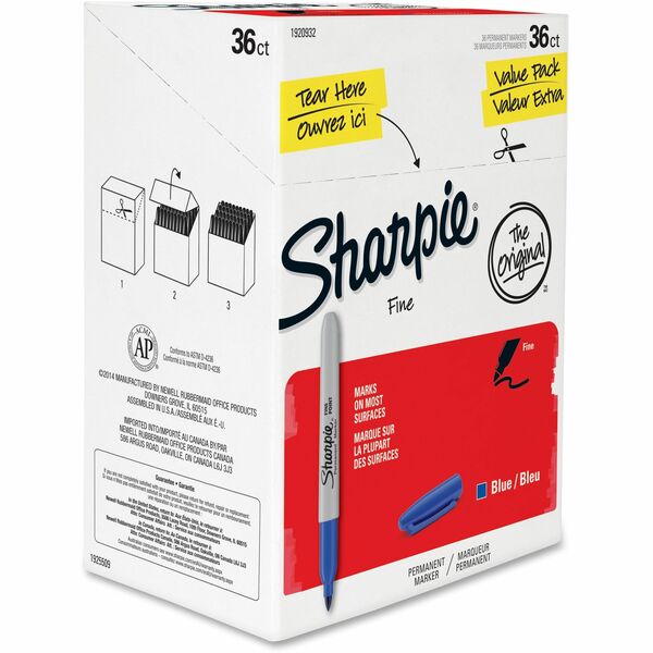 Sharpie Pen-style Permanent Marker - Fine Marker Point - Blue Alcohol Based Ink - 36 / Box