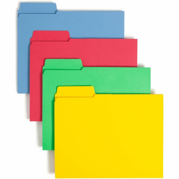 Smead SuperTab 1/3 Tab Cut Letter Recycled Top Tab File Folder - 8 1/2" x 11" - 3 Internal Pocket(s) - Blue, Red, Green, Yellow - 10% Recycled - 12 / Pack
