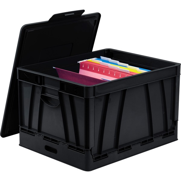 Storex Collapsible Storage Crate - External Dimensions: 14.3" Width x 17.3" Depth x 10.5"Height - 45 lb - 9.25 gal - Media Size Supported: Letter, Legal - Lid Lock Closure - Heavy Duty - Stackable - Plastic - Black - For File Folder, Letter, Document, File, Box File - Recycled - 1 Each