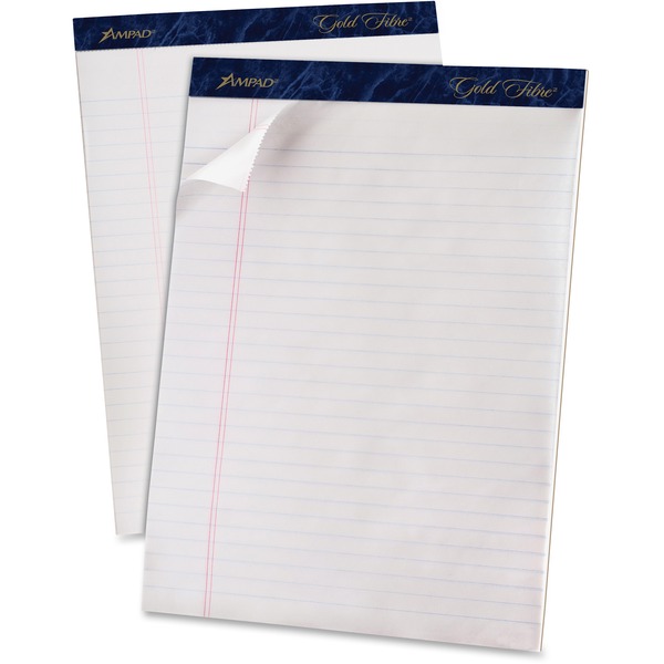 TOPS Gold Fibre Ruled Perforated Writing Pads - Letter - 50 Sheets - Watermark - Stapled/Glued - Front Ruling Surface - 0.34" Ruled - Ruled Margin - 20 lb Basis Weight - Letter - 8 1/2" x 11 3/4" - White Paper - Dark Blue Binding - Micro Perforated, Bleed Resistant, Chipboard Backing, Stiff - 4 / Pack