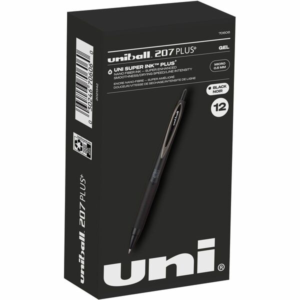 uniball™ 207 Plus Retractable Gel Pens - Medium Marker Point - 0.5 mm Pen Point Size - Retractable - Black Gel-based, Nanofiber Ink Ink - Black, Metallic Barrel - Stainless Steel Tip - 1 Dozen