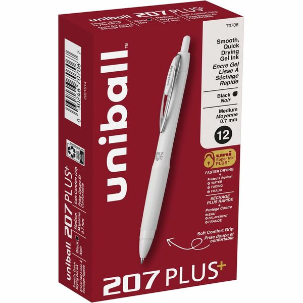 uniball™ 207 Plus Retractable Gel Pens - Medium Pen Point - 0.7 mm Pen Point Size - Retractable - Black Nanofiber Ink, Gel-based Ink - White Barrel - Stainless Steel Tip