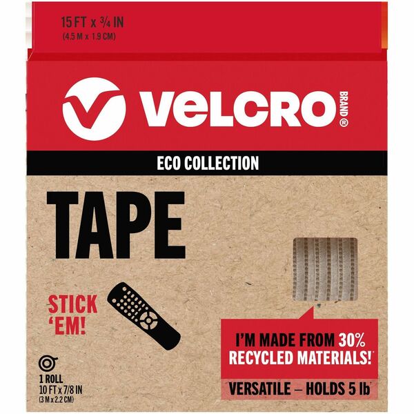 VELCRO® Eco Collection Adhesive Backed Tape - 10 ft Length x 0.88" Width - 1 Each - White