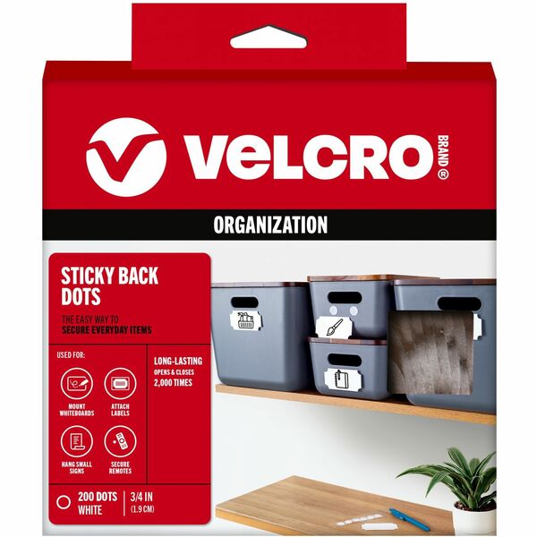 VELCRO® Sticky Back General Purpose Stick On Circles - 0.75" Dia - For Sign, Poster, Wall, Plastic, Glass, Tile - 200 / Carton - White