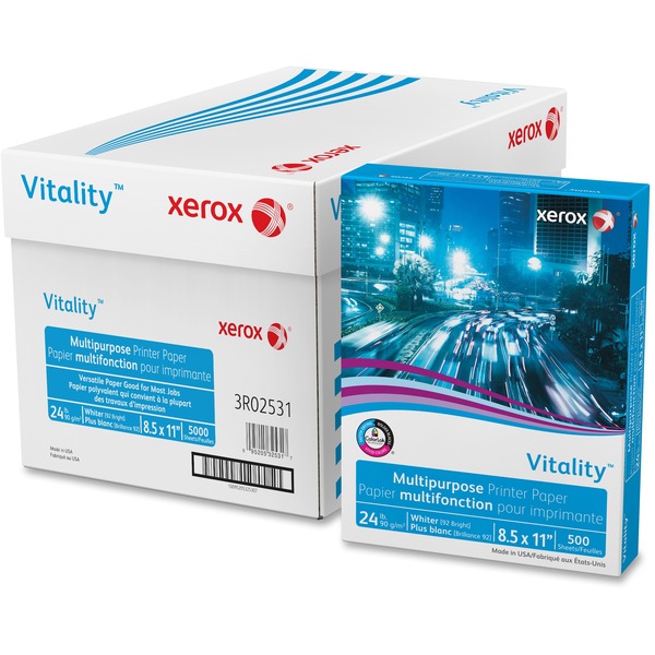 Xerox Vitality Multipurpose Printer Paper - 92 Brightness - Letter - 8 1/2" x 11" - 24 lb Basis Weight - 5000 / Carton - Sustainable Forestry Initiative (SFI) - Jam-free, Low Dusting, Precision-cut Edge, ColorLok Technology - White