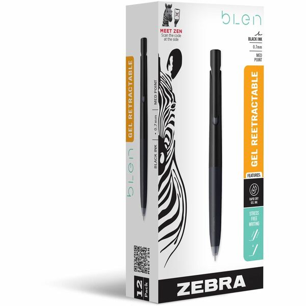 Zebra Pen bLen Retractable Gel Black Barrel 0.7mm Dozen - Medium Pen Point - 0.7 mm Pen Point Size - Retractable - Black Gel-based Ink - Black Barrel - 12 / Dozen