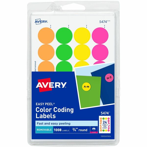 Avery® Color Coded Label - - Width3/4" Diameter - Removable Adhesive - Round - Laser - Neon Green, Neon Orange, Neon Red, Neon Yellow - Paper - 24 / Sheet - 42 Total Sheets - 1008 Total Label(s) - 3