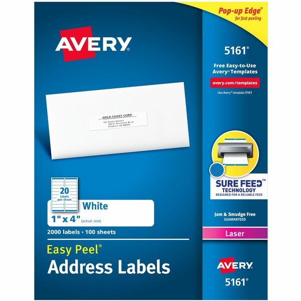 Avery® Easy Peel® Address Labels with Sure Feed™ Technology - 1" Width x 4" Length - Permanent Adhesive - Rectangle - Laser - White - Paper - 20 / Sheet - 100 Total Sheets - 2000 Total Label(s) - 2000 / Box