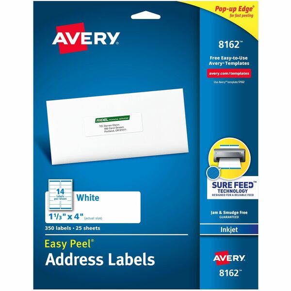Avery® Easy Peel White Inkjet Mailing Labels - 1 21/64" Width x 4" Length - Permanent Adhesive - Rectangle - Inkjet - White - Paper - 14 / Sheet - 100 Total Sheets - 1400 Total Label(s) - 1400 / Box