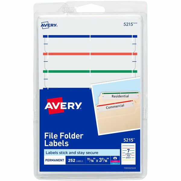 Avery® File Folder Labels, Assorted, 2/3" x 3-7/16" , 252 (5215) - 43/64" Height x 3 7/16" Width - Permanent Adhesive - Rectangle - Laser, Inkjet - Dark Blue, Dark Red, Green, Yellow - Paper - 7 / Sheet - 36 Total Sheets - 252 Total Label(s) - 252 / Pack - Permanent Adhesive, Easy Peel, Curl Resistant, Stick & Stay, Customizable