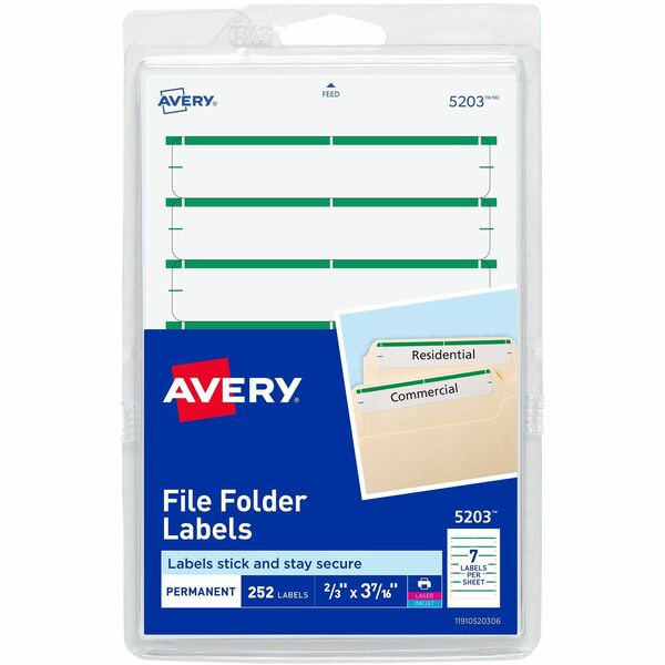 Avery® File Folder Labels, White/Green, 2/3" x 3-7/16" , 252 (5203) - 3 7/16" Height x 21/32" Width - Permanent Adhesive - Rectangle - Laser, Inkjet - Green - Paper - 7 / Sheet - 36 Total Sheets - 252 Total Label(s) - 252 / Pack - Permanent Adhesive, Easy Peel, Curl Resistant, Stick & Stay