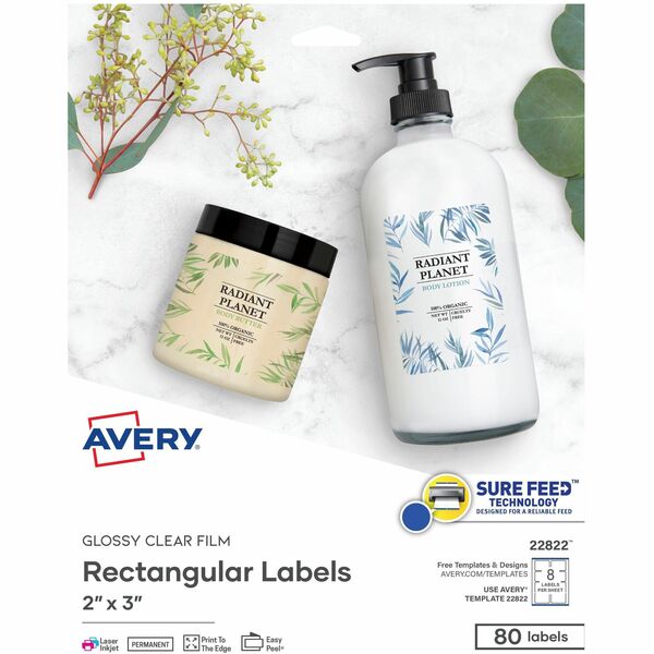 Avery® Glossy Clear Labels -Sure Feed Technology - 2" Width x 3" Length - Permanent Adhesive - Rectangle - Laser, Inkjet - Crystal Clear - Film - 8 / Sheet - 10 Total Sheets - 80 Total Label(s) - 80 / Pack