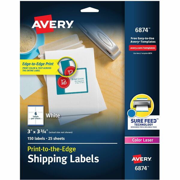 Avery® Shipping Labels, Sure Feed, 3" x 3-3/4" , 150 Labels (6874) - 3" Width x 3 3/4" Length - Permanent Adhesive - Rectangle - Laser - White - Paper - 6 / Sheet - 25 Total Sheets - 150 Total Label(s) - 150 / Pack - Print-to-the Edge, Permanent Adhesive, Jam Resistant, Bleed Resistant, Customizable, Stick & Stay