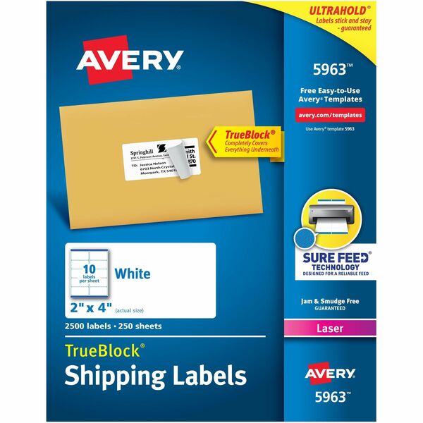 Avery® Shipping Labels, Sure Feed®, 2" x 4" , 2,500 Labels (5963) - 2" Width x 4" Length - Permanent Adhesive - Rectangle - Laser, Inkjet - White - Paper - 10 / Sheet - 250 Total Sheets - 2500 Total Label(s) - 2500 / Box - Permanent Adhesive, Jam Resistant, Customizable
