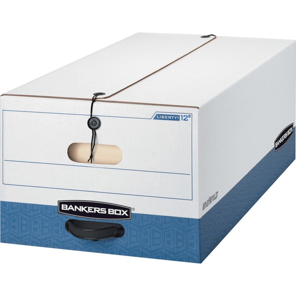 Bankers Box Liberty File Storage Boxes - 24" Legal - Internal Dimensions: 15" Width x 24" Depth x 10" Height - External Dimensions: 15.3" Width x 24.1" Depth x 10.8" Height - Media Size Supported: Legal - String/Button Tie Closure - Stackable - Fiberboard - White, Blue - For File - Recycled - 4 / Carton