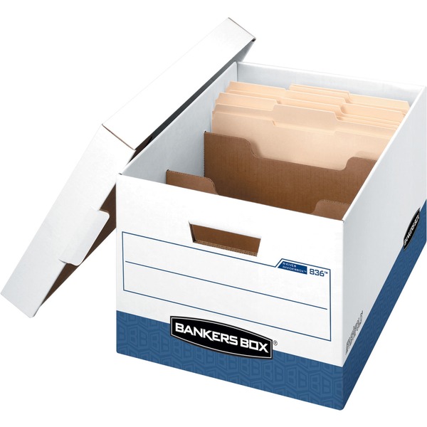 Bankers Box R-Kive DividerBox File Storage Box - Internal Dimensions: 12" Width x 15" Depth x 10" Height - External Dimensions: 12.8" Width x 15" Depth x 10.4" Height - Media Size Supported: Letter - Lift-off Closure - Medium Duty - Stackable - Fiberboard - White, Blue - For File - Recycled - 12 / Carton