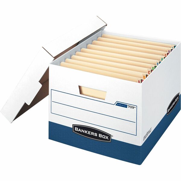 Bankers Box STOR/FILE File Storage Box - Internal Dimensions: 12.75" Width x 15.50" Depth x 10" Height - External Dimensions: 13.3" Width x 16.9" Depth x 10.5" Height - Media Size Supported: Letter, Legal - Lift-off Closure - Heavy Duty - Stackable - White, Blue - For File - Recycled - 12 / Carton