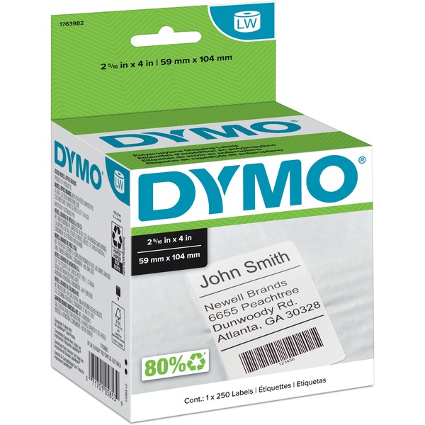 Dymo Permanent Poly Shipping Labels - 2 5/16" Width x 4" Length - Rectangle - White - Polypropylene - 250 / Roll - 1 / Roll - Tearing Resistant, Oil Resistant, Solvent Resistant, Weather Resistant, Heat Resistant, Alcohol Resistant, Blood Resistant, Fat Resistant