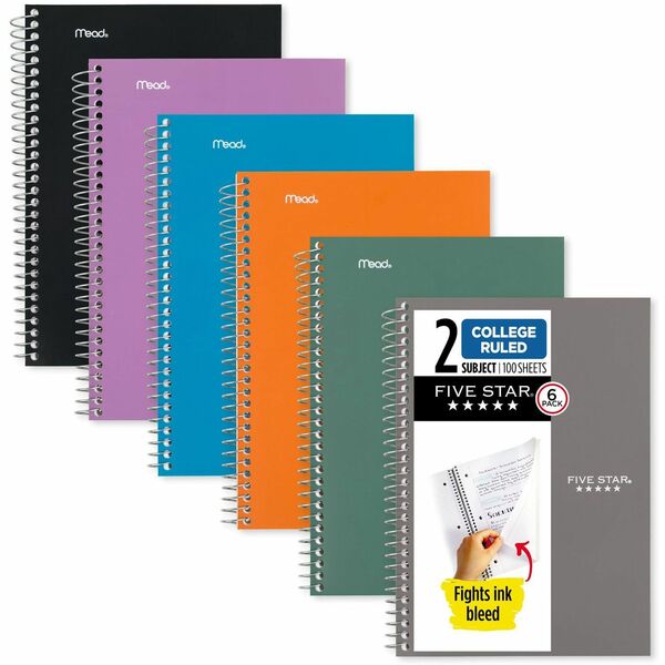 Mead College Ruled Notebook - 2 Subject(s) - 80 Sheets - Spiral - Ruled Margin - 6" x 9 1/2" - AssortedPlastic Cover - Double Sided Sheet, Ink Resistant, Perforated, Easy Tear, Tear Resistant, Durable, Water Resistant, Spiral Lock, Snag Resistant, Recyclable, Bleed Resistant - 6 / Pack