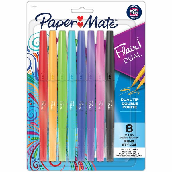 Paper Mate Flair DUAL Pens, Brush & Medium Tips (0.7mm) - Medium Pen Point - 0.7 mm Pen Point Size - Assorted - 8 / Pack