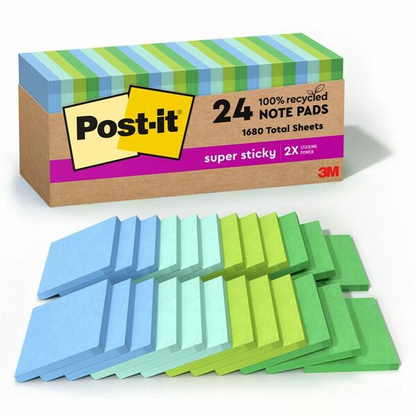 Post-it® Recycled Super Sticky Notes - 70 - 3" x 3" - Square - 70 Sheets per Pad - Assorted Oasis - Adhesive - 24 / Pack - Recycled
