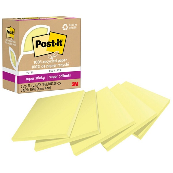 Post-it® Recycled Super Sticky Notes - 70 - 3" x 3" - Square - 70 Sheets per Pad - Canary Yellow - Adhesive - 5 / Pack - Recycled