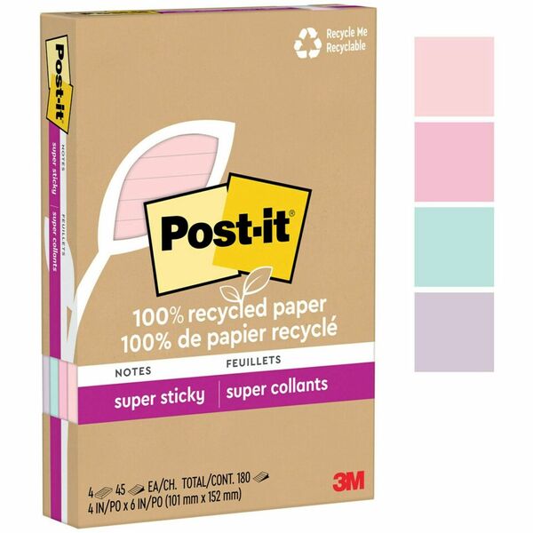 Post-it® Super Sticky Adhesive Note - 4" x 6" - Rectangle - 45 Sheets per Pad - Assorted Wanderlust Pastel - Repositionable - 4 / Pack - Recycled