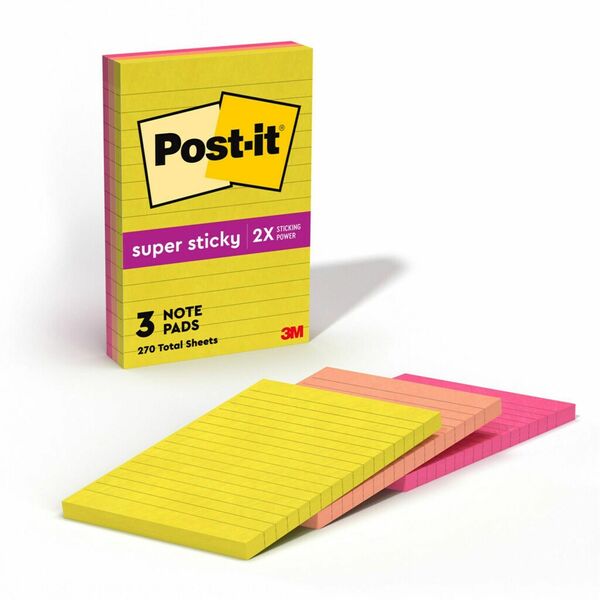 Post-it® Super Sticky Multi-Pack Notes - Summer Joy Color Collection - 4" x 6" - Rectangle - 90 Sheets per Pad - Citron, Papaya Fizz, Power Pink, Washed Denim, Fresh Mint - Sticky, Recyclable - 1 Pack
