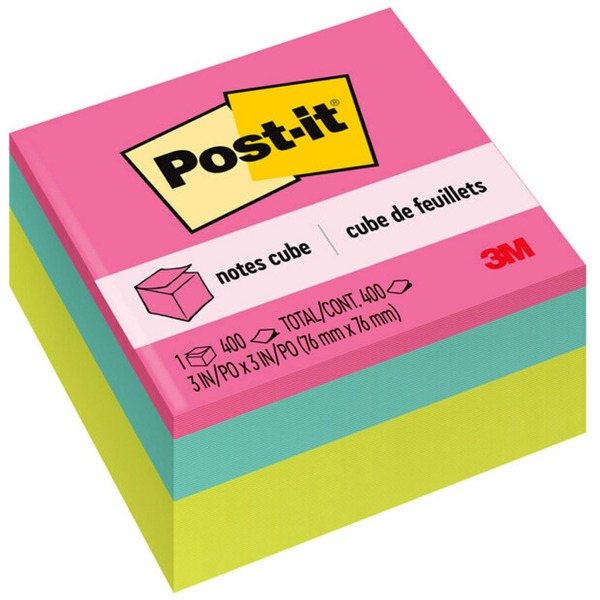 Post-it® Super Sticky Notes Cubes - 3" x 3" - Square - 400 Sheets per Pad - Power Pink, Aqua Splash, Acid Lime - Sticky, Adhesive - 1 Pack