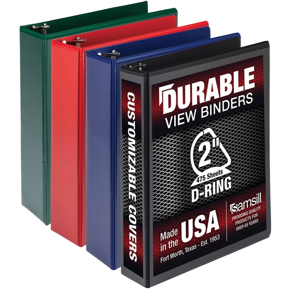 Samsill Durable 2 Inch Binder, Made in the USA, D Ring Customizable Clear View Binder, Basic Assortment, 4 Pack, Each Holds 475 Pages (MP46468) - 2" Binder Capacity - Letter - 8 1/2" x 11" Sheet Size - 475 Sheet Capacity - 2" Ring - 3 x D-Ring Fastener(s) - 2 Internal Pocket(s) - Polypropylene, Chipboard - Black, Blue, Red, Green - Durable, Clear Overlay, Non-stick, Ink-transfer Resistant, Wear Resistant, Tear Resistant - 4 Pack