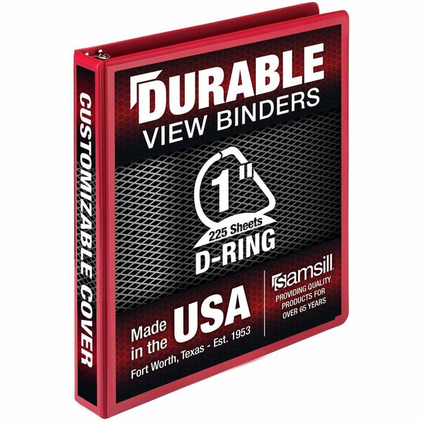 Samsill Durable Three-Ring View Binder - 1" Binder Capacity - 225 Sheet Capacity - 3 x D-Ring Fastener(s) - 2 Internal Pocket(s) - Polypropylene, Chipboard - Red - Yes - Durable, PVC-free, Ink-transfer Resistant, Clear Overlay, Sturdy - 1 Each