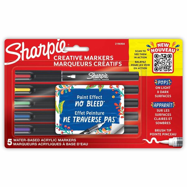 Sharpie Creative Markers, Water-Based Acrylic Markers, Brush Tip - Brush Marker Point Style - Assorted Water Based Ink - 5 / Pack