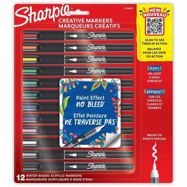 Sharpie Creative Markers, Water-Based Acrylic Markers, Brush Tip - Brush Marker Point Style - Assorted Water Based Ink - Black Barrel - 12 / Pack