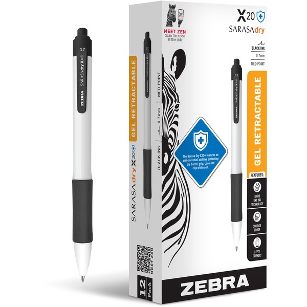 Zebra SARASA dry X20  Retractable Gel Pen - Medium Pen Point - 0.7 mm Pen Point Size - Conical Pen Point Style - Retractable - Black Gel-based Ink - White Plastic Barrel - 12 / Dozen
