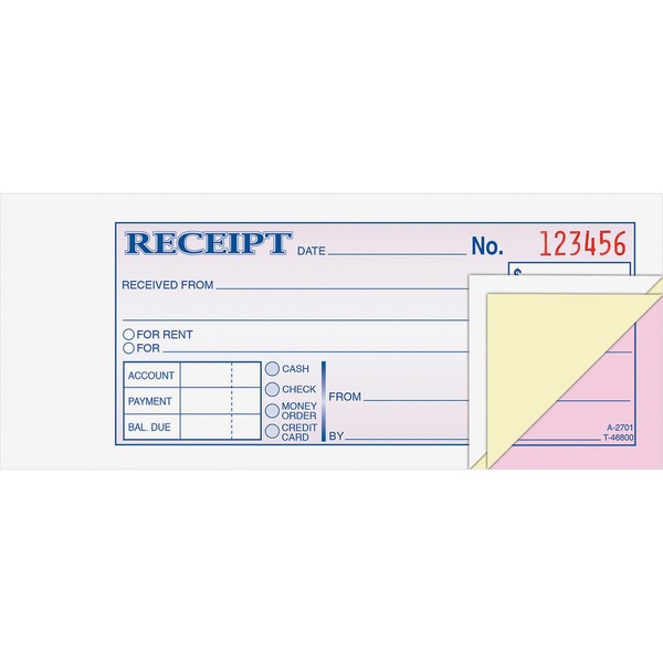 Adams Tapebound 3-part Money Receipt Book - 50 Sheet(s) - Tape Bound - 3 PartCarbonless Copy - 6.75" x 2.75" Sheet Size - White, Canary, Pink - 1 Each