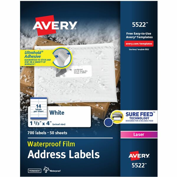 Avery® 1-1/3" x 4" Labels, Ultrahold, 700 Labels (5522) - Waterproof - 1 21/64" Width x 4" Length - Permanent Adhesive - Rectangle - Laser - White - Film - 14 / Sheet - 50 Total Sheets - 700 Total Label(s) - 5 - Permanent Adhesive, Durable, Stick & Stay, Customizable, Scuff Resistant, Tear Resistant, Smudge Resistant, Jam Resistant