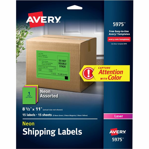 Avery® Assorted Neon Shipping Labels, 8-1/2" x 11" , 15 Labels (5975) - Permanent Adhesive - Rectangle - Laser - Neon Magenta, Neon Green, Neon Yellow - Paper - 1 / Sheet - 15 Total Sheets - 15 Total Label(s) - 5 - Permanent Adhesive, Stick & Stay, Customizable, Smudge Resistant